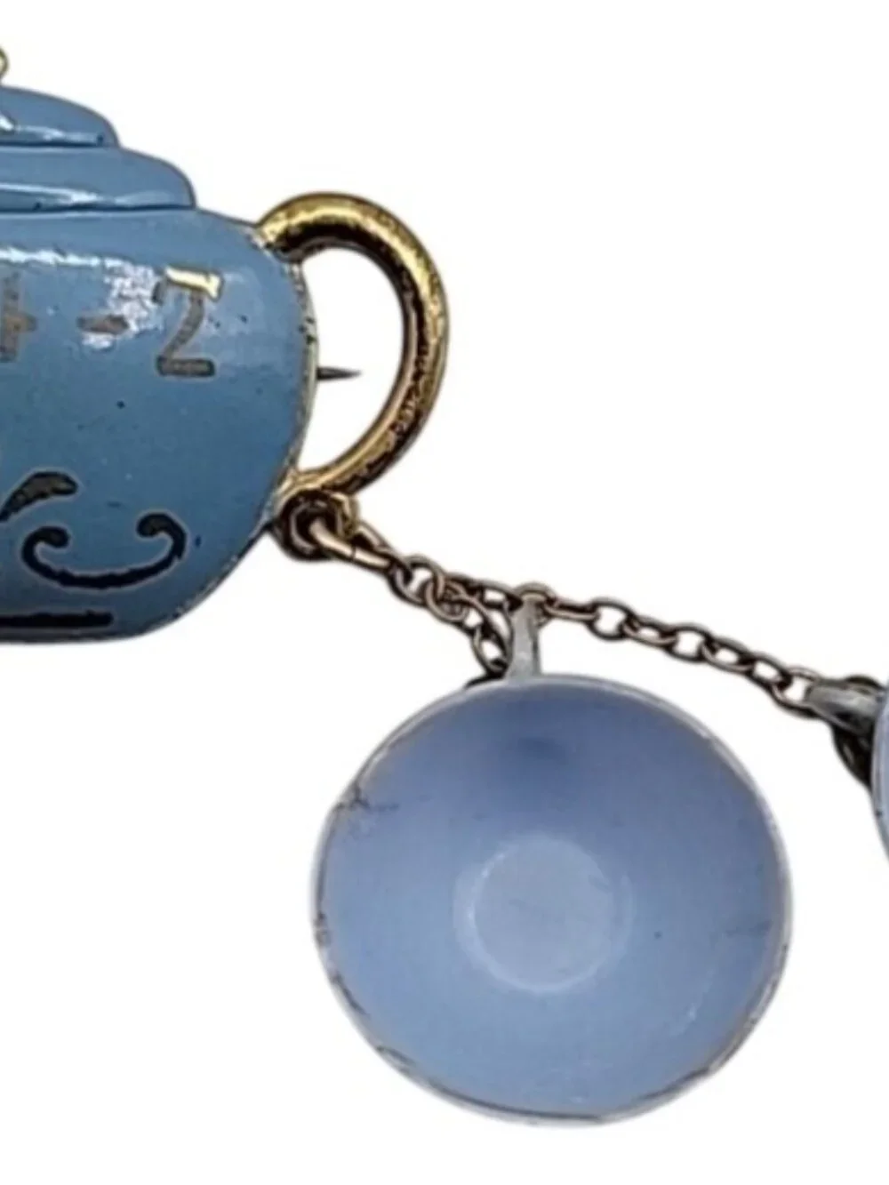 Antique T-4-2 Celluloid Brooch Teapot w/Dangling Teacups Blue Gold Tone C-Clasp